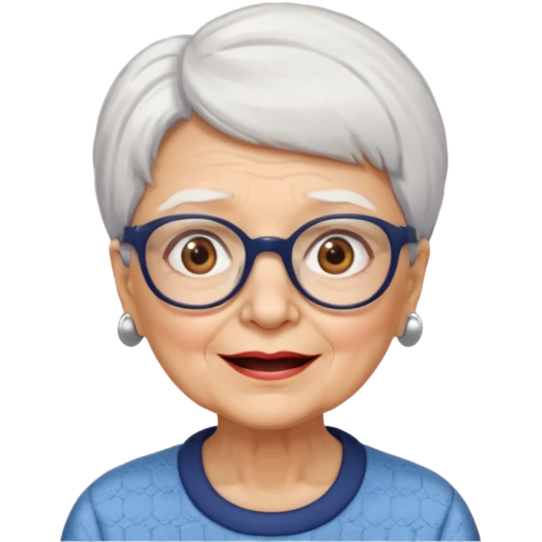 Create me emoji of an old lady. Short white hair to left side. Square glasses. Brown eyes. Rounded really big and wide face. Wide nose. Big mounth emoji