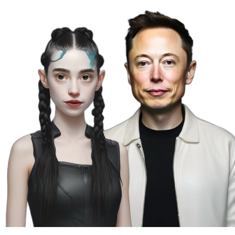 Grimes with milk spray on face, elon musk smirking, duo emoji