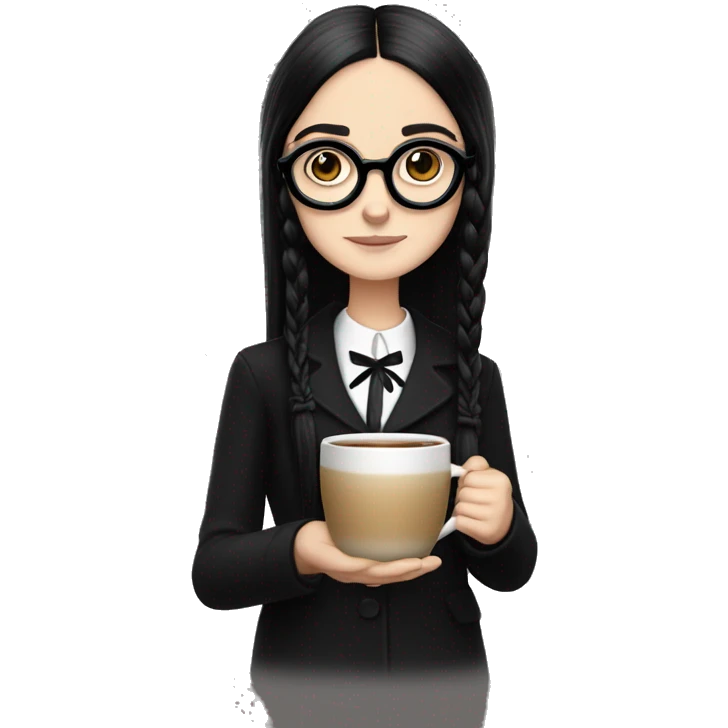 Wednesday Addams wearing square black glasses an holding a steaming coffee  mug  emoji