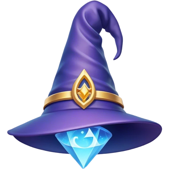 Clash of Clans aesthetic: Cinematic Playful Wizard's Hat Emoji, rendered in a 3D vector-style similar to standard emojis with minimal shading and bold, simplified shapes. A compact, isometric pointy hat with a wide brim adorned with mystical symbols and subtle enchanted shimmer, softly glowing with a magical whimsical charm. Simplified yet unmistakably iconic, highly detailed and consistent, glowing with a soft radiant glow and high shine. Stylized with a touch of classic sorcery and a soft glowing outline, capturing the essence of a legendary wizard’s hat with a friendly, playful manner! emoji