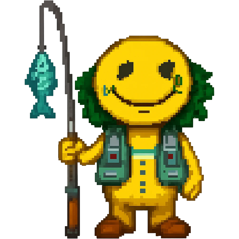 Remove the fishing cap and add a fish to the end of the fishing pole, keep the style the same, with no background. emoji