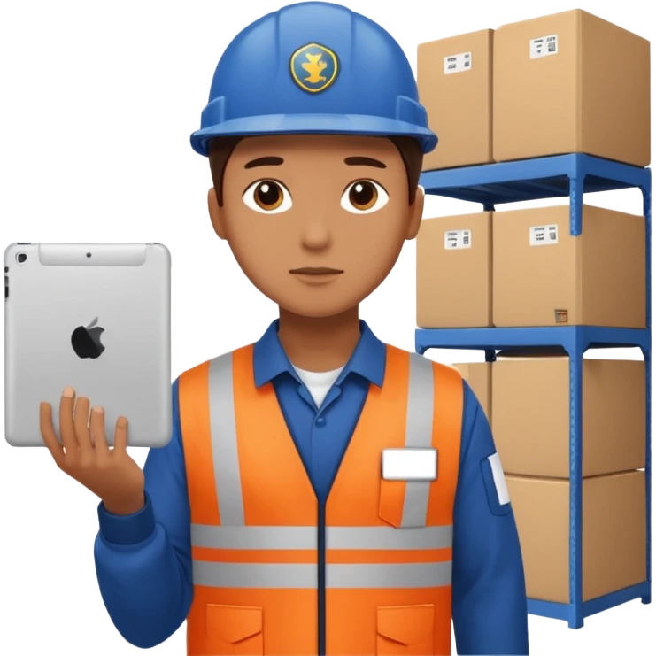 create a realistic emoji shwoing logistic worker controling something with an ipad emoji