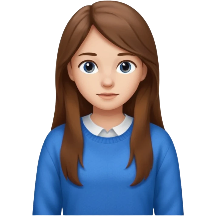 crea una ragazza giovane con i capelli marroni lunghi, una camicia bianca e un maglioncino blu emoji