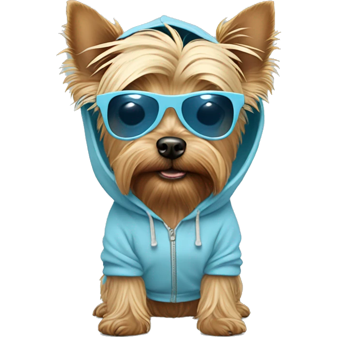 Yorkshire terrier dog with a pastel blue hoodie and pastel blue sunglasses emoji