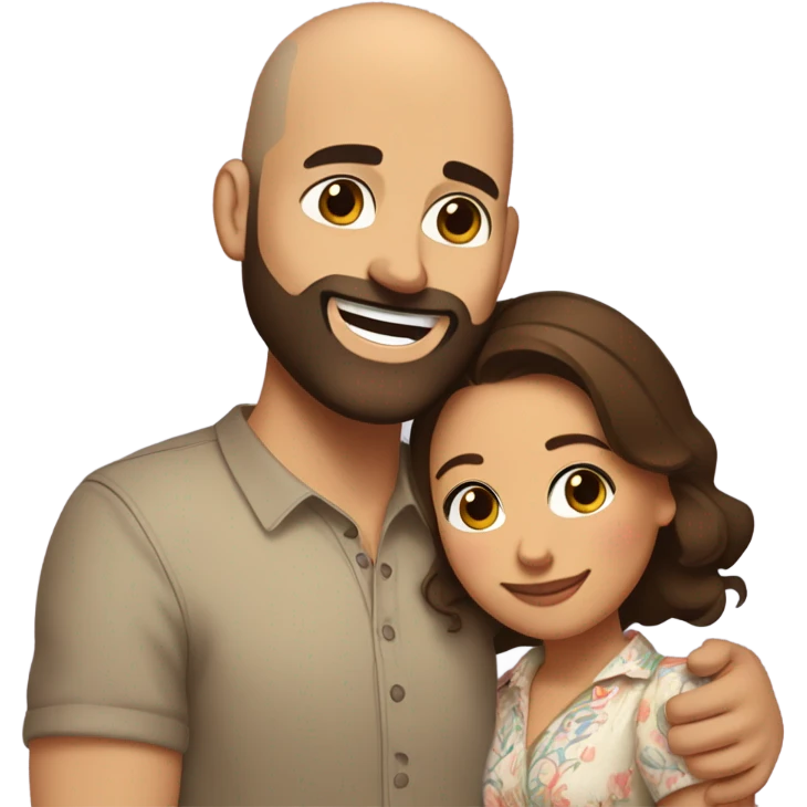 Brown-haired Puerto Rican woman with dark brown eyes wearing a cute blouse giving comforting hug to short, bald man with brown eyes, laugh lines, and a beard emoji