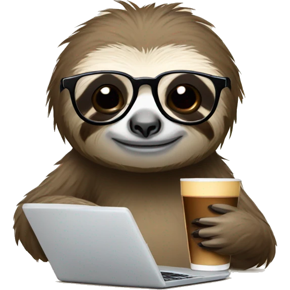 tired sloth wearing glasses with laptop and espresso tonic emoji