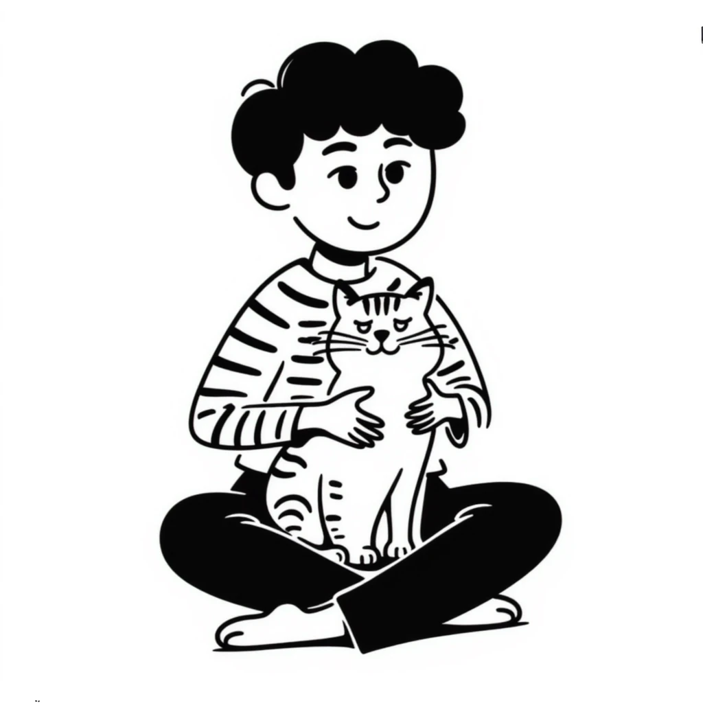 A boy sitting cross-legged with a tabby cat in his lap emoji