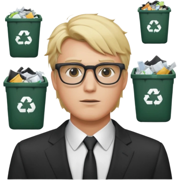 Blonde man with square glasses and suit, trash on hair emoji