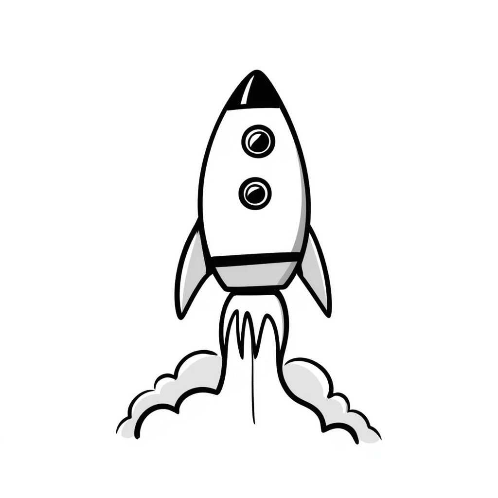 Hand-drawn rocket launching from launchpad with flames and smoke trails emoji