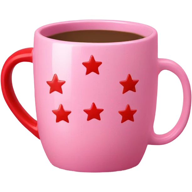 Pink ceramic coffee mug with mini red stars and red handle emoji