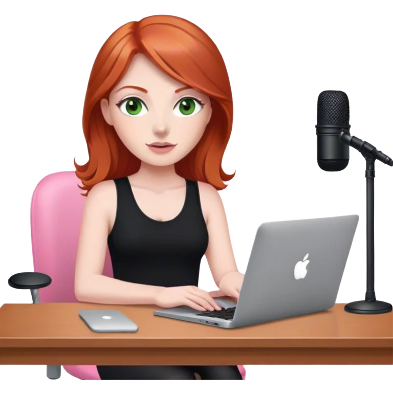 Redhead with green eyes sat at desk with pink MacBook and  podcast microphone black top and pink chair  emoji