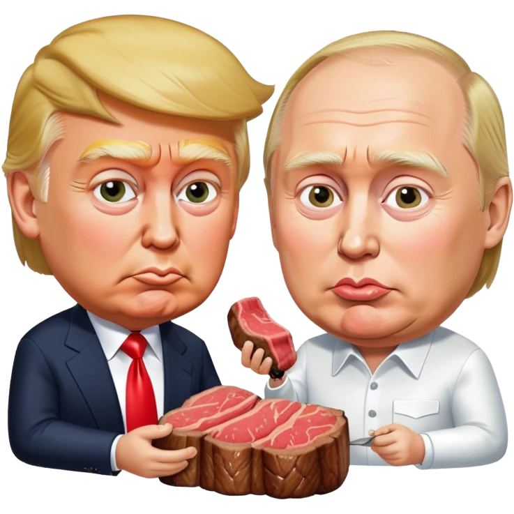 photorealistic Donald Trump and Putin eating a steak shaped like an piece of land emoji
