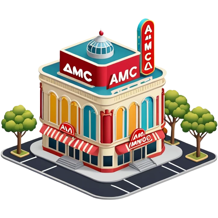 AMC movie theater exterior, isometric dollhouse-style, highly detailed  emoji