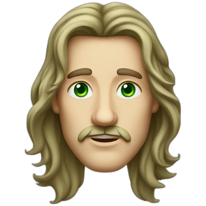 a long haired men with rhombus-shape face green eyes and big ling nose emoji