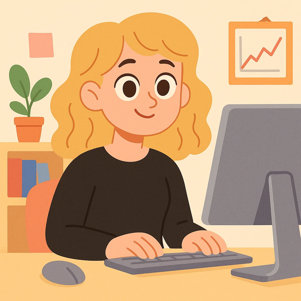 pretty brown-eyed blonde young woman with wavy hair, wearing a black sweater, working on a computer in a cozy office emoji
