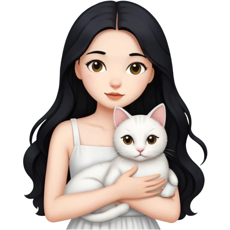 beautiful girl with long black hair wearing a white dress holding a cat in her arms emoji