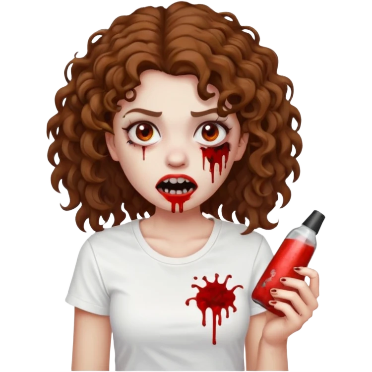 Zombie girl with curly brown hair como emoji de iphone y con la boca un poco lastimada haz que tenga una simple remera blanca puesta pero que sea zombie  emoji