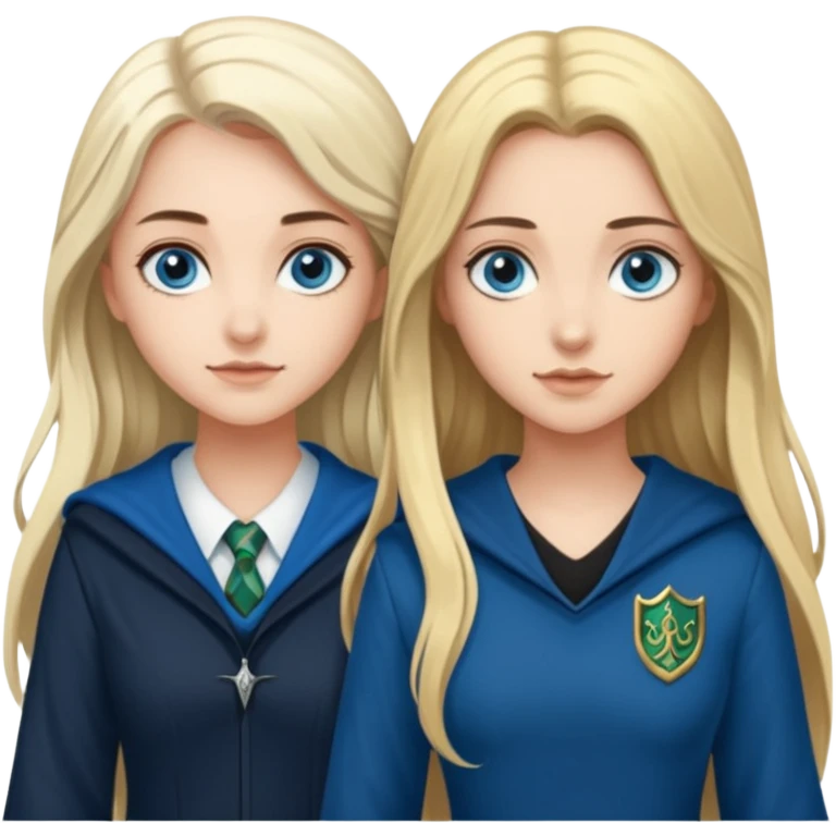 a pretty ravenclaw girl with long brown hair and blue eyes standing with a hot Slytherin girl with long blonde hair, blue eyes and big boobs  emoji