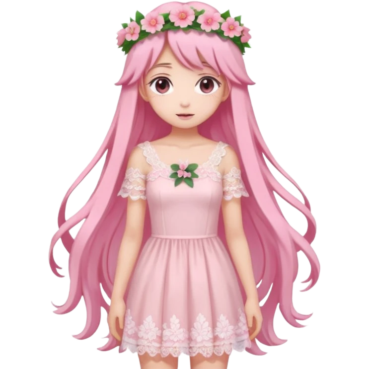pastel anime woman with pink and white lace dress full body and long hair with flower crown emoji