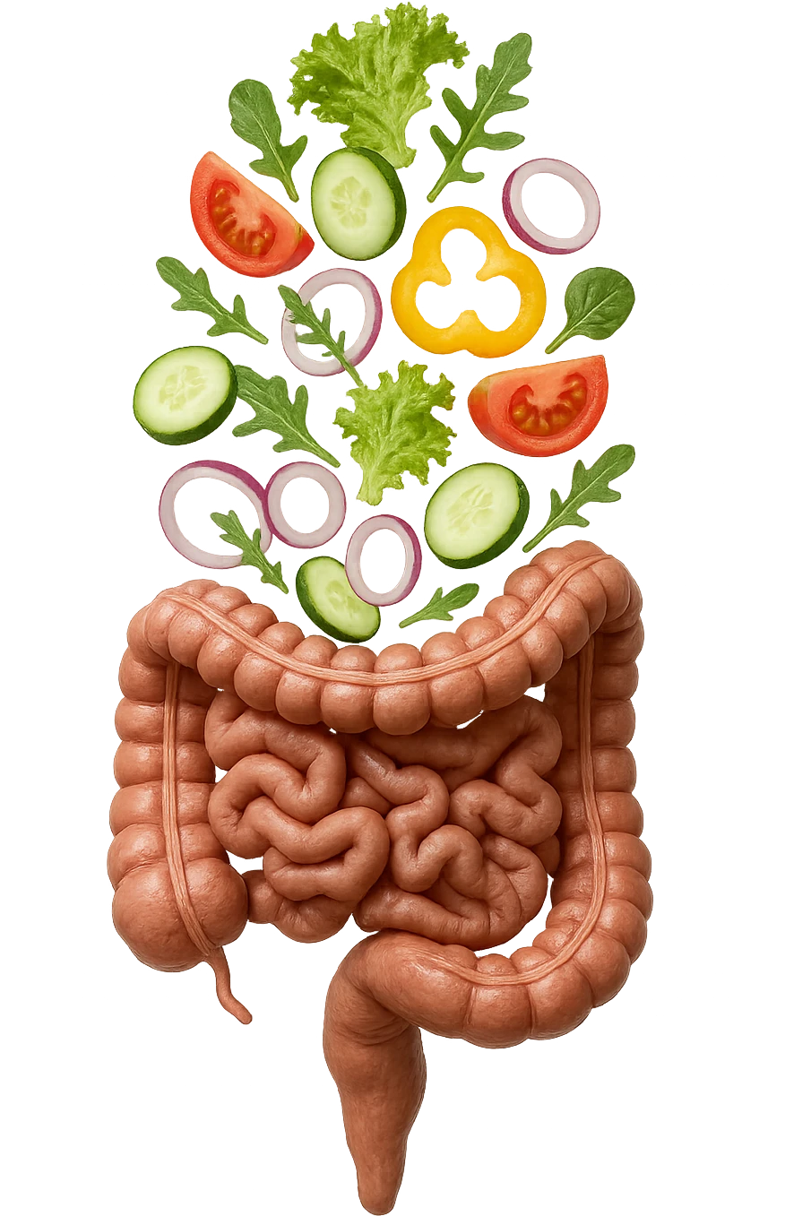 INSALATA CADE VERTICALMENTE SU UN INTESTINO ANATOMICO REALISTICO, iperrealistico 4k, ISOLATA SU SFONDO BIANCO emoji