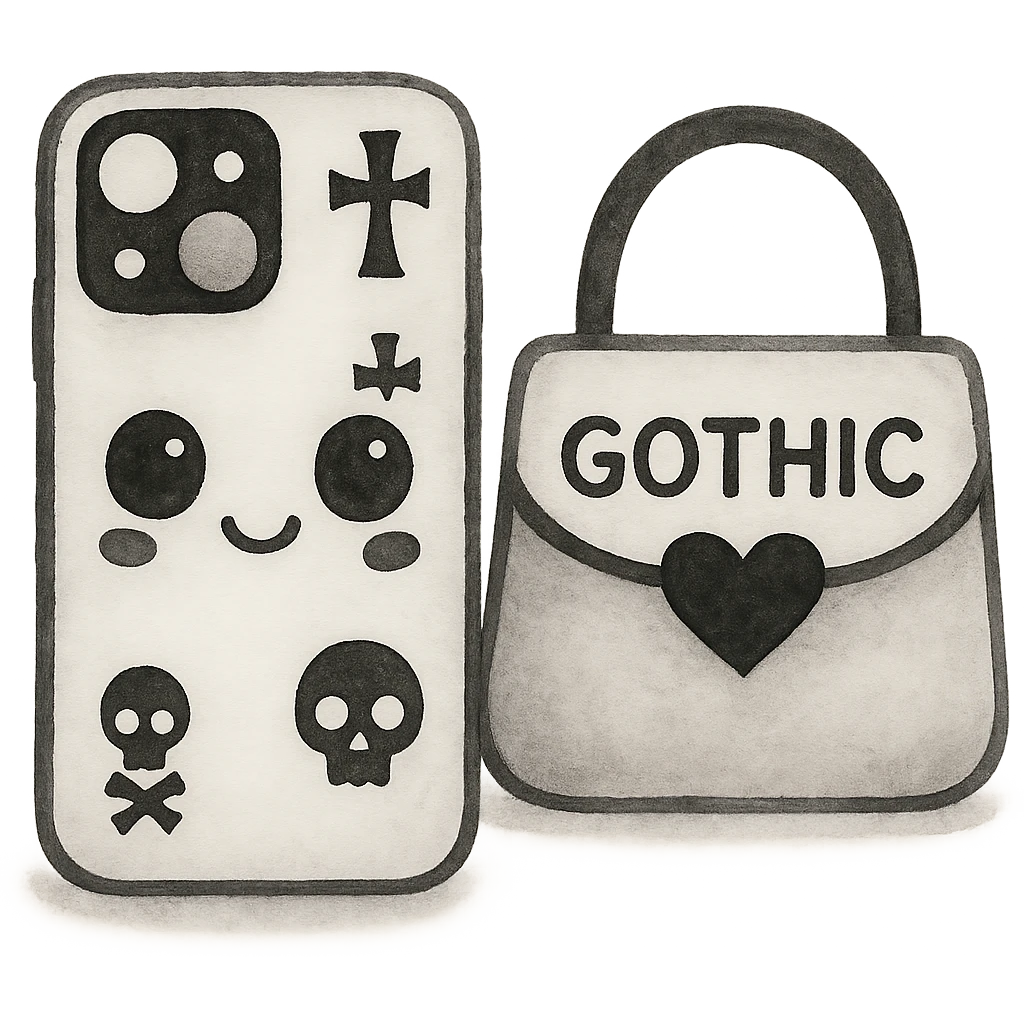 Change the color scheme to white and black, gothic kawaii phone case, big eyes, smiling, playful, cartoonish, gothic symbols, watercolor art style, no background. emoji