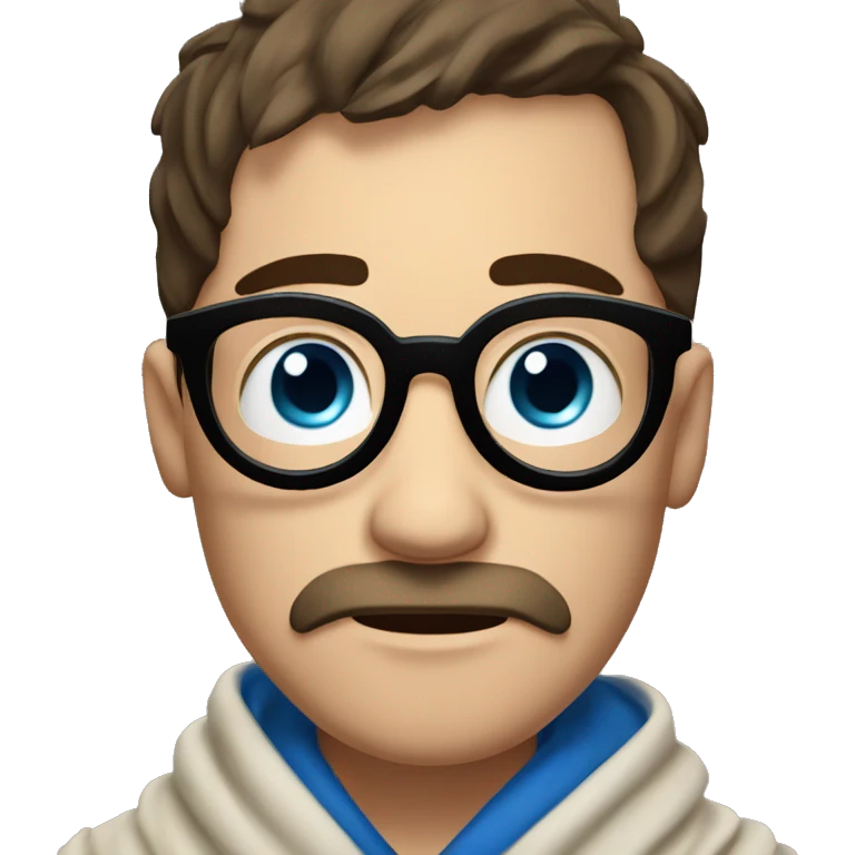 Pale Guy, dark brown narrow hair, moustache and stubble, blue eyes, round glasses, covered in blanket emoji