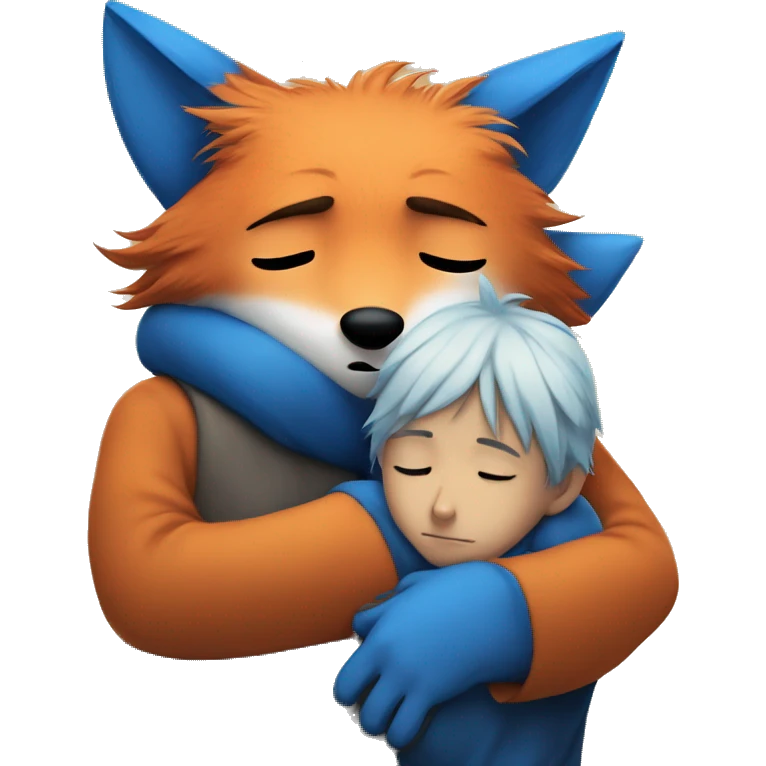 Sad fox being cuddled by blue haired boy in fox mask  emoji