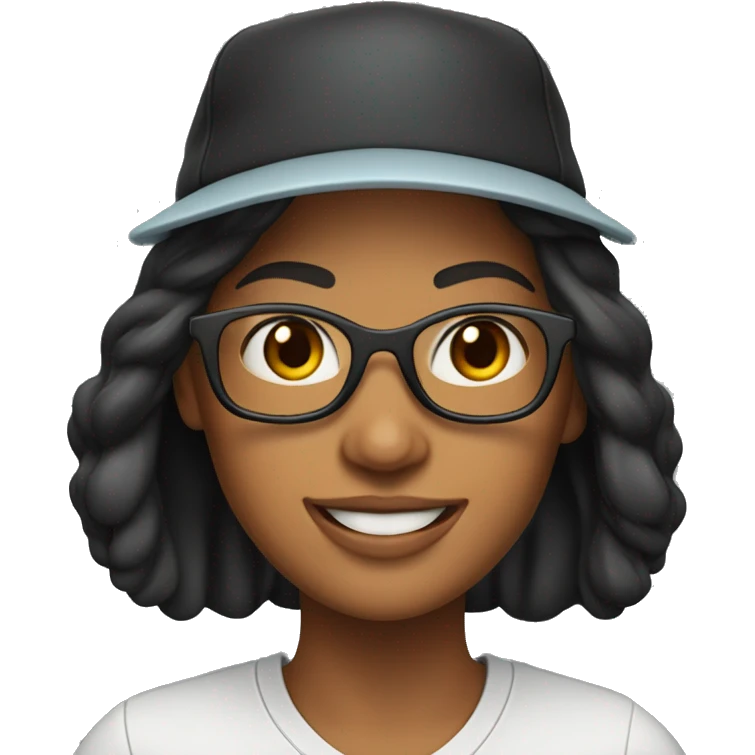 memoji of a cool woman smiling, black long hear without glass with sport hat and has a laptops emoji