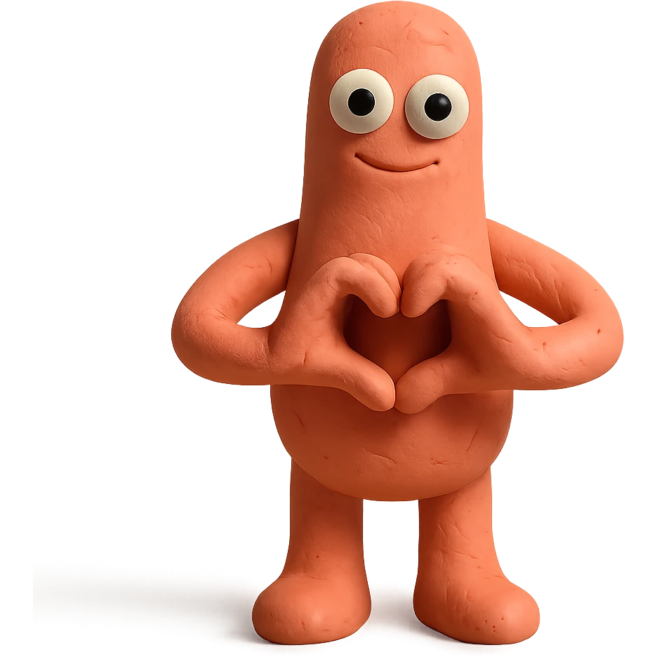 a whimsical sausage-shaped humanoid with a pinkish-orange body, forming a heart with its hands emoji
