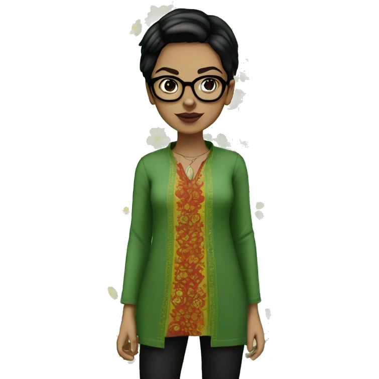 White girl in a green kurta with flower design, glasses, alot of piercing, gay, red lips, nose ring, full body, short straight black edgar hair, black straight hair emoji
