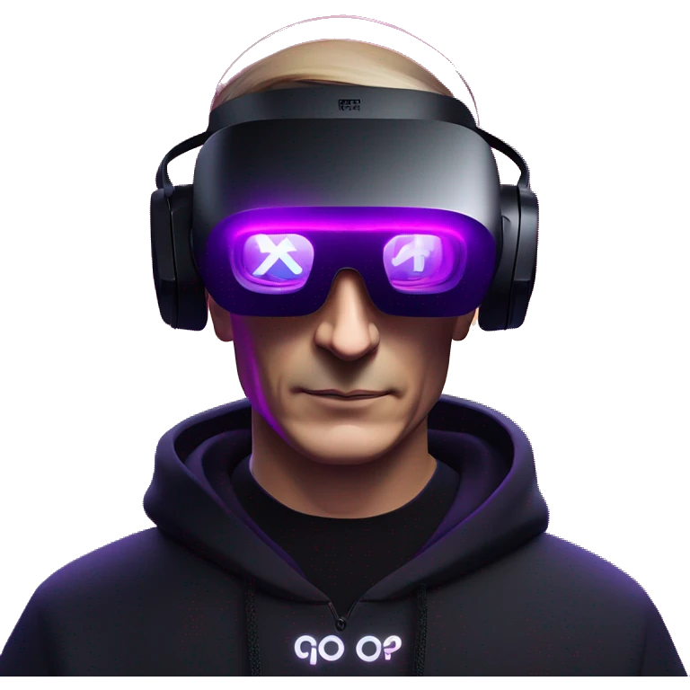 Vladimir Putin wearing a black hoodie with "OMG" letters on it and VR headset oculus quest 2 in a cyberpunk VR environment with violet neon lighting. emoji