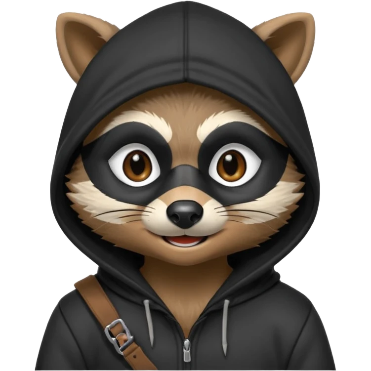 thief raccoon portrait, head and shoulders only, black burglar mask markings, sneaky smile, dark hoodie collar, mischievous eyes, 3D cartoon, mobile game icon style, clean background, no text, no watermark
 emoji