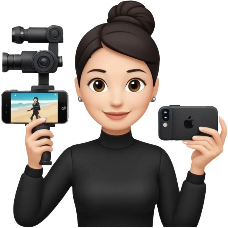 middle aged woman photographer with dark hair, slicked back in a bun, wearing black clothes, carrying a canon r5 and an iPhone on a gimbal emoji