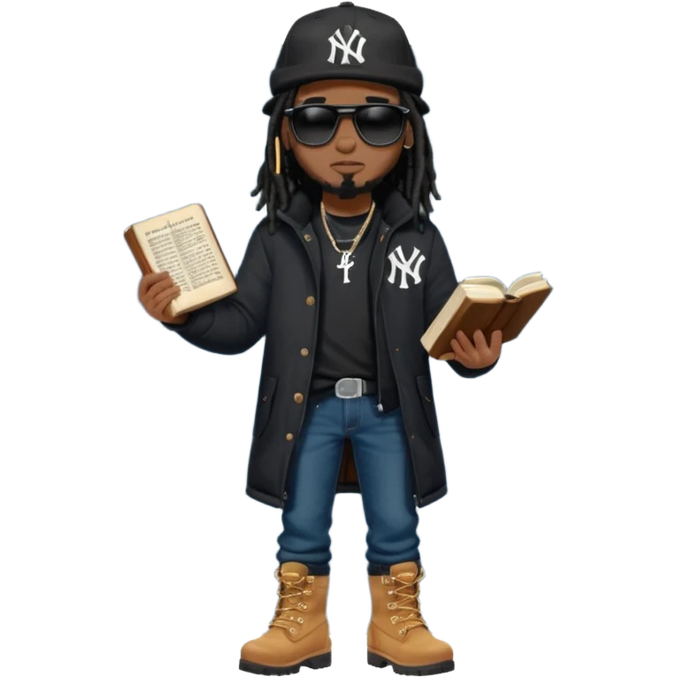 African American man with shoulder length black dreadlocks and black sunglasses wearing a black New York Yankees baseball hat with a North Face brand bubble winter coat with denim skinny jeans and timberland boots walk holding a holy bible emoji