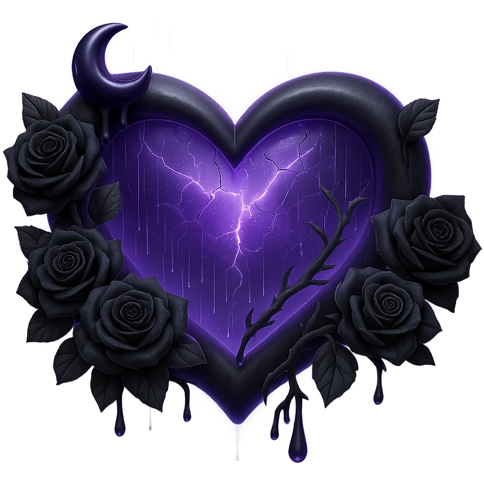 Add a glowing aura around the gothic heart, keeping the prominent black roses, translucent purple glass, crescent moon with black drips, faint lightning bolts, much more rain and thick mist, cracked glass with glowing mist. The style should resemble 3D emoji style. Remove the background. emoji