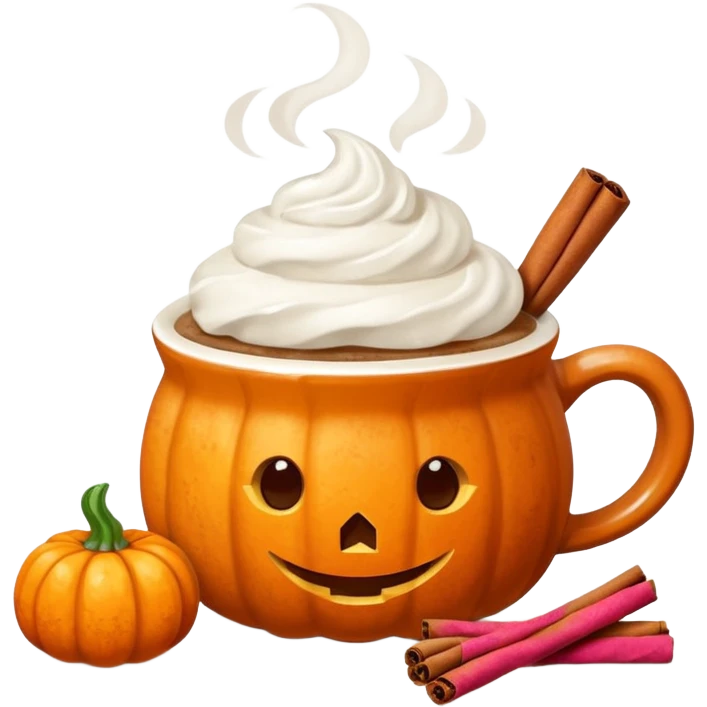 Steaming coffee Mug with whipped Cream and cinnamon Dust on Cream.  Small Punkin and 3 sticks of cinnamon next to mug emoji