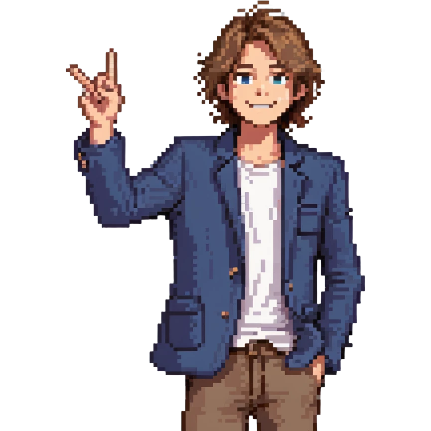 Flat pixel are, lively and clever male debater, fair skin, medium-length messy light brown hair, sharp eyes with a mischievous smile, wearing indigo blazer over a casual t-shirt, one hand raised mid-gesture, the other holding a floating speech bubble, waist-up, front-facing emoji