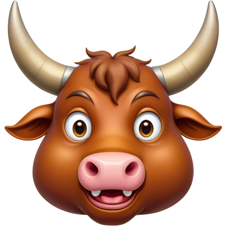 Cinematic Comical Domestic Ox Portrait Emoji, Head tilted dramatically with an exaggeratedly amused expression, featuring a striking, glossy hide with boldly curved horns and wide, expressive eyes brimming with playful disbelief, Simplified yet hilariously expressive features, highly detailed, glowing with a slightly sassy earthy glow, high shine, dramatic yet playful, stylized with an air of cheeky rural mischief, soft glowing outline, capturing the essence of a spirited and over-the-top ox that looks ready to charge its way into internet fame instantly! emoji