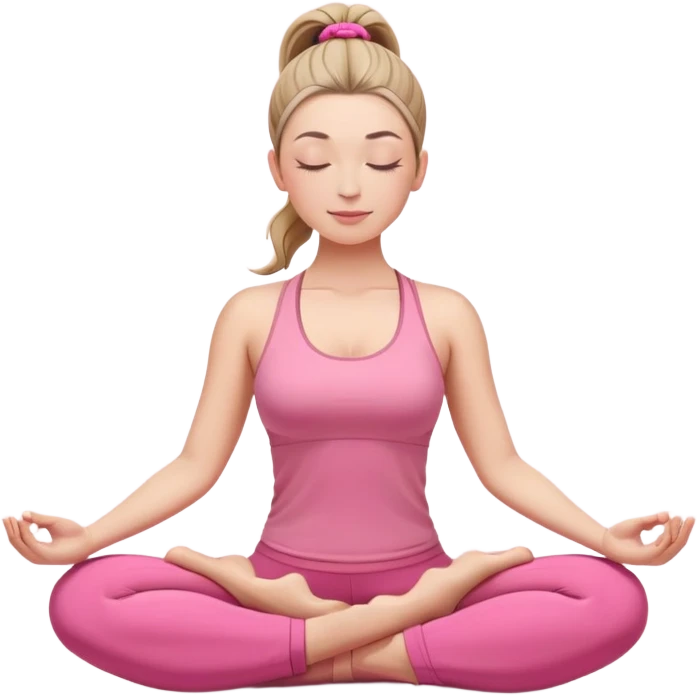 white woman with ponytail hairstyle in lotus position meditation yoga pose, closed eyes, relaxed face, wearing pink yoga outfit emoji