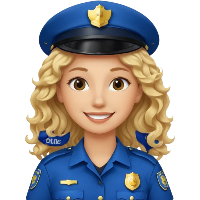 Female POLICE IN blue, long blonde curly hair, happy smile emoji