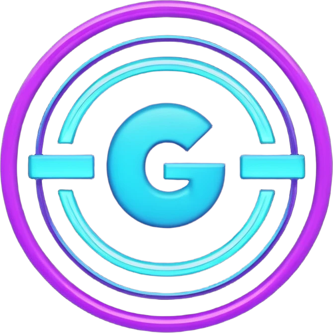 futuristic minimalistic emoji icon, letters "G" formed by three glowing digital lines representing Storm, Atom and NoizeGames, neon purple (#8B5CF6) and cyan (#00E0FF) on dark background, modern tech style, 1:1 aspect ratio emoji