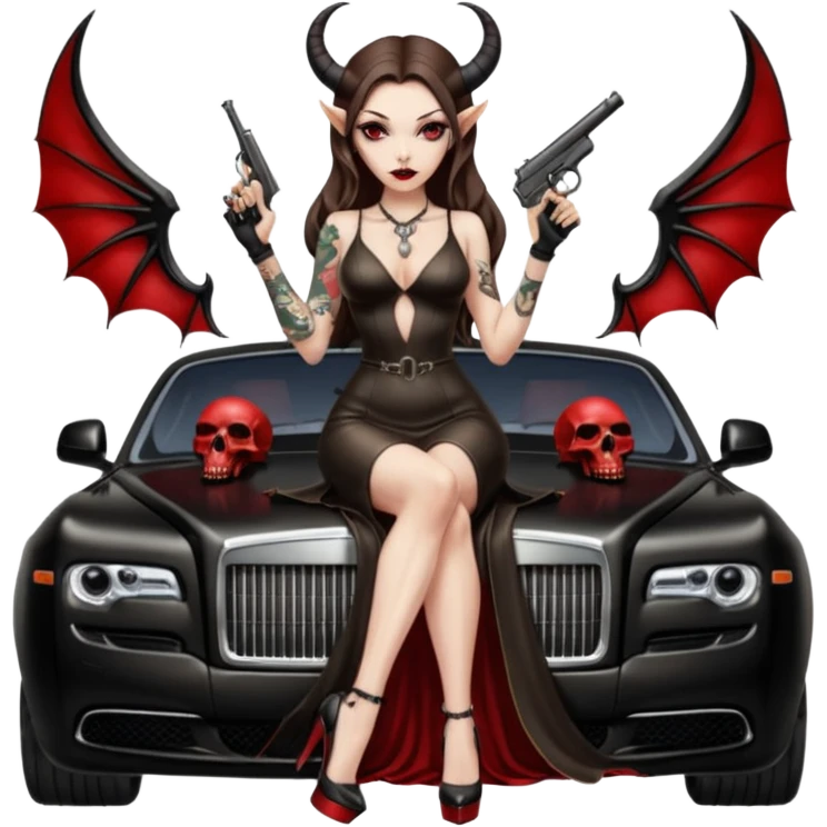 Lilith model red eye sexy black  devil horns.  long brown haired sexy succubus woman with leather long dress slit, sitting on rolls Royce. Wearing Black Platform high heels on feet. Tattoo sleeve arms, dead human skull of her ex skull is on top of stack of cash and a gun in  hand emoji