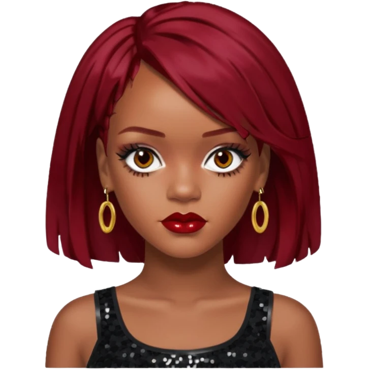 Rihanna with dark red hair, black sequin crop top, hazel eye emoji