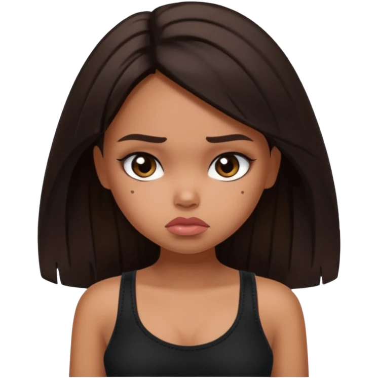 generate a pretty fair bratz girl with long dark brown hair looking sad. Wearing a black cami emoji