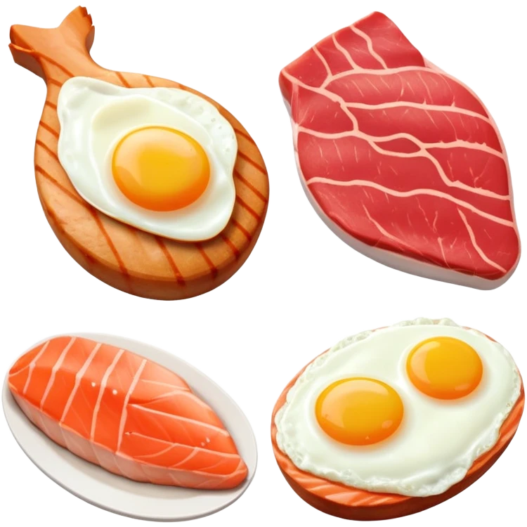Four separate protein icons: a golden glowing chicken breast, a red meat steak, a smaller salmon fillet, and an egg, each with a subtle DNA strand behind it and muscle fiber pattern around the edges emoji