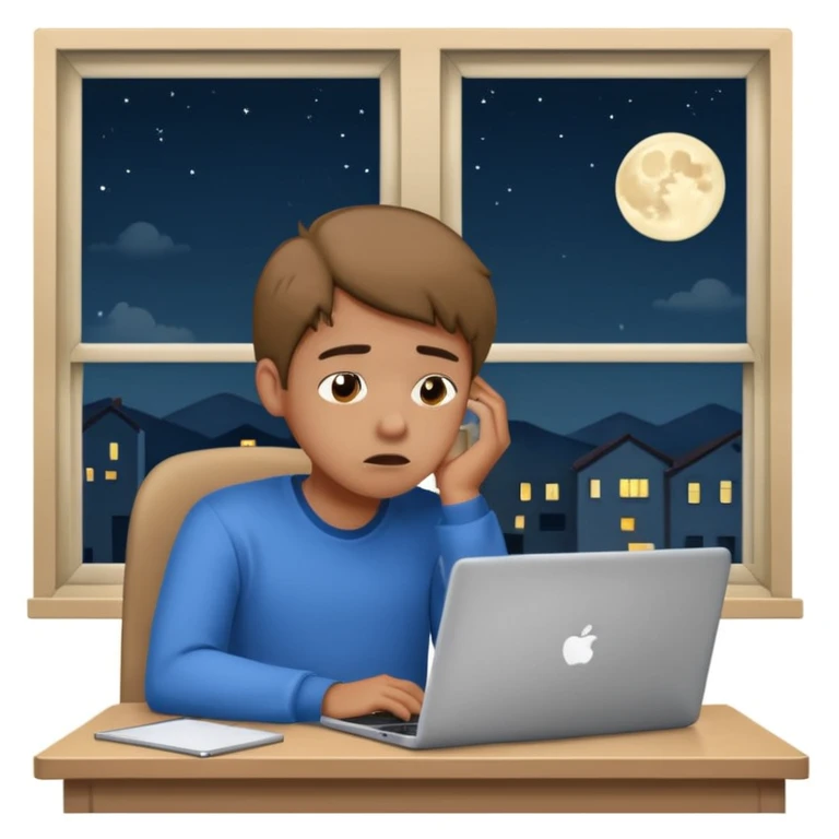 tired student with laptop, window at night behind, head tilted back emoji