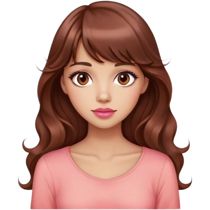 cute lady, light tan skin, big dark brown eyes, very long wavy auburn hair, bangs, pink top, coral lipstick emoji
