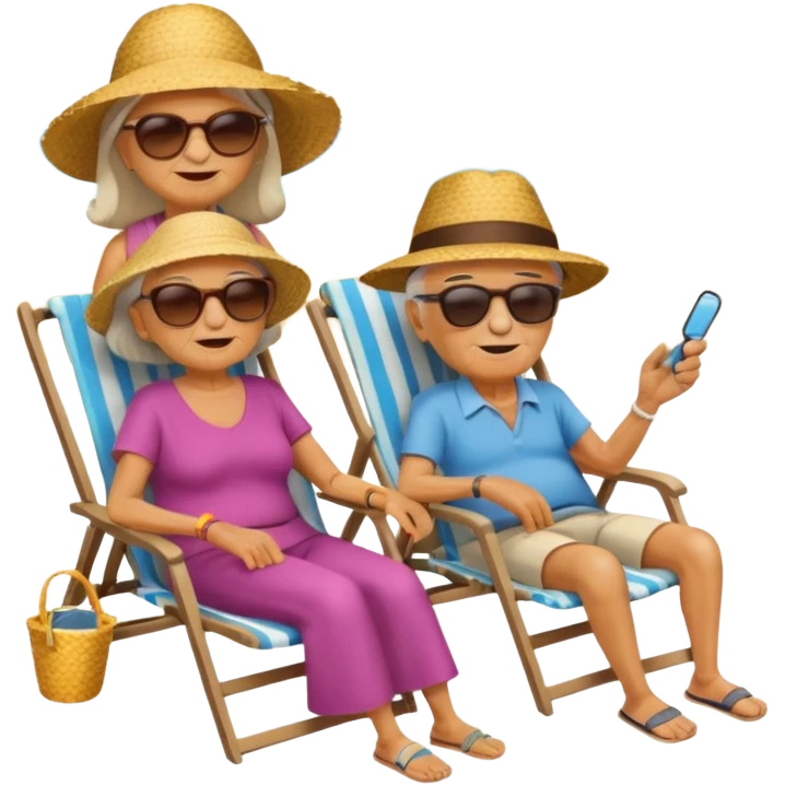 an emoji that shows elderly one woman and one man, both are retired and are lying in sun-chairs at the beach to recover from retiring-stress emoji