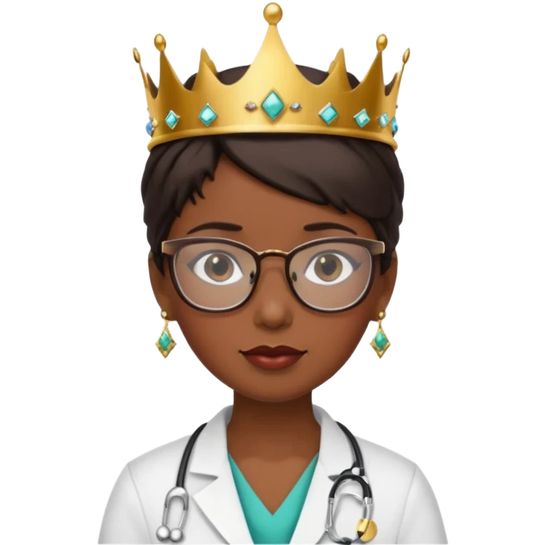 female doctor very short dark brown hair with glasses and earings and a crown emoji