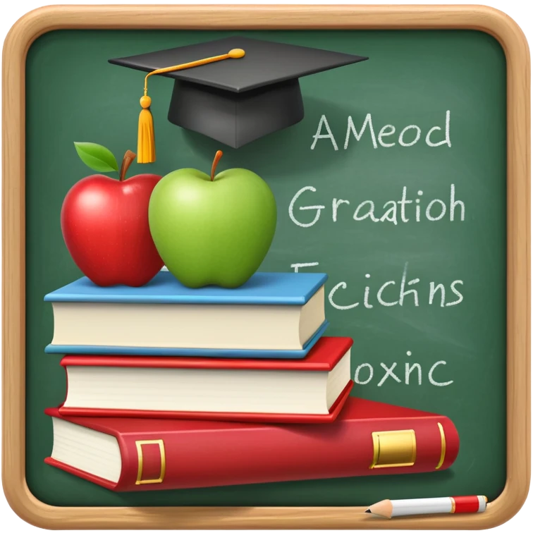 An icon featuring a chalkboard with educational equations, an apple, and a pencil, symbolizing pedagogy. The design includes a stack of books and a graduation cap, representing teaching and learning. Transparent background highlights the dedication to education and mentorship. emoji